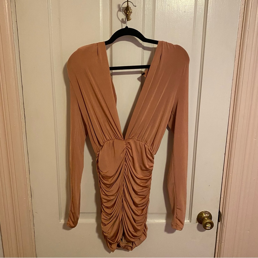 Elegant Tan Ruched Dress